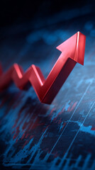 Poster - red arrow pointing upward on a blue financial chart background, showcasing growth, success, and posi