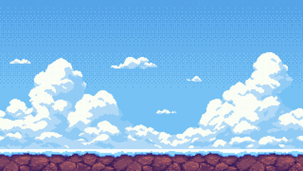 Aufkleber - 8-bit pixel art winter game level background. side-scrolling game. vector graphics. video game design. sky with white clouds.