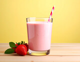 Un batido de fresa en un vaso de cristal con pajita sobre una mesa de madera con fresas y fondode color  amarillo