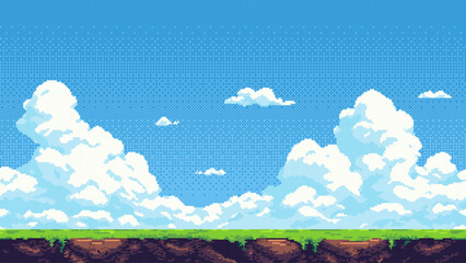 Aufkleber - 8-bit pixel art game level background. side-scrolling game. vector graphics. 2D retro video game style. blue sky with white clouds. 