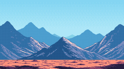 Aufkleber - 8-bit pixel art game level background. mountain space landscape. 2D retro video game style. side-scrolling game. vector graphics. 