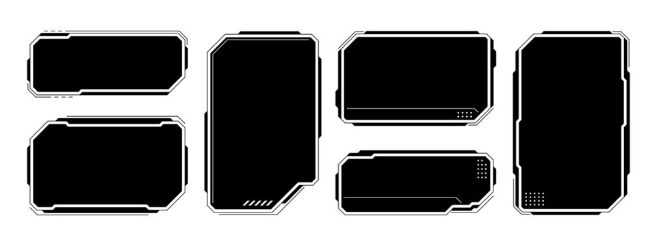 Set of HUD UI element frames. Text boxes in abstract tech style. cyberpunk style. hi-tech design. Modern technology banners. Vector graphics. game interface elements