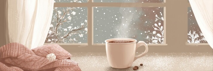 Poster - Warm Hot Chocolate Beside a Snowy Window With a Cozy Blanket During a Winter Day