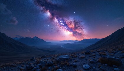 Wall Mural - Stunning night landscape captures the Milky Way. Stars galaxy shines over mountain range at night. Scenic view of starry sky at summer night. Travel through universe. Beauty in nature and space.
