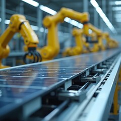 Poster - Factory production line for solar panels. Robots assemble renewable energy systems for sustainable future. Modern tech, green eco-friendly innovations, clean power.