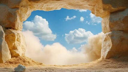 Poster - Desert Cave Opening to Sky: A sun-drenched desert cave opening frames a view of a vibrant blue sky dotted with fluffy clouds, creating a sense of openness, adventure, and freedom.