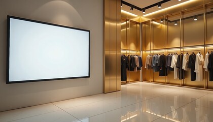 Poster - Modern retail store interior featuring clothing racks and digital screen  
