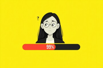 Fototapete - Loading Bar at 99 Percent With Anxious Expression and Faded Background, Illustrating Technology Frustration