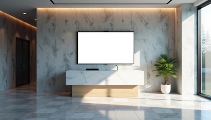 Poster - Modern living room with large TV and marble walls in daylight  