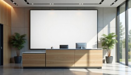 Poster - Modern office reception area with wooden desk and large windows  