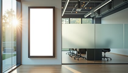 Poster - Modern office interior with large blank frame by glass windows  