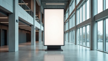 Poster - Modern digital billboard in spacious convention center with large windows  