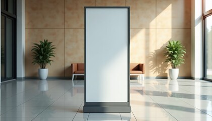 Poster - Blank advertising display stand in modern lobby with plants