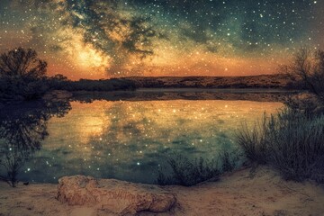 Wall Mural - Starry sky reflects in calm waters of a lake surrounded by vegetation, creating a serene, celestial landscape.