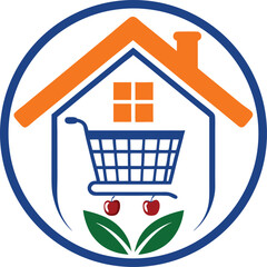 Aufkleber - Illustration of a house shape with a shopping cart and cherries inside a blue circle frame