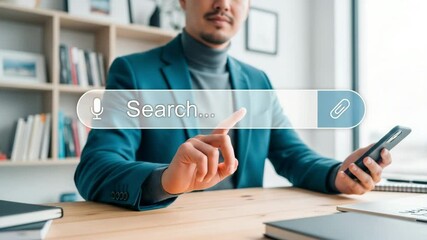 Poster - Man in blazer using search bar with microphone and attachment icon on phone at desk with books