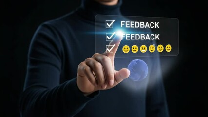 Aufkleber - Person interacting with a digital feedback interface with checkmarks and emotion icons shown