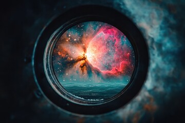 Wall Mural - Porthole view blending ocean waves and a vibrant nebula, creating a surreal and captivating juxtaposition of earthly and cosmic elements.