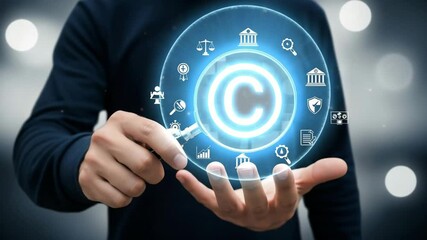 Poster - A person holding a copyright symbol with a magnifying glass and icons around it in dark background