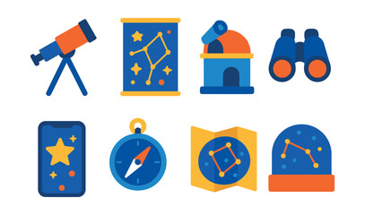 Flat vector icons of astronomy tools: telescope, star chart, observatory, binoculars, space app, compass, sky map, planetarium.