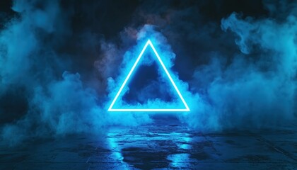 Poster - Futuristic Mystical Portal With Neon Blue Geometric Triangle And Smoke - Logo Mockup Design For Your Brand.