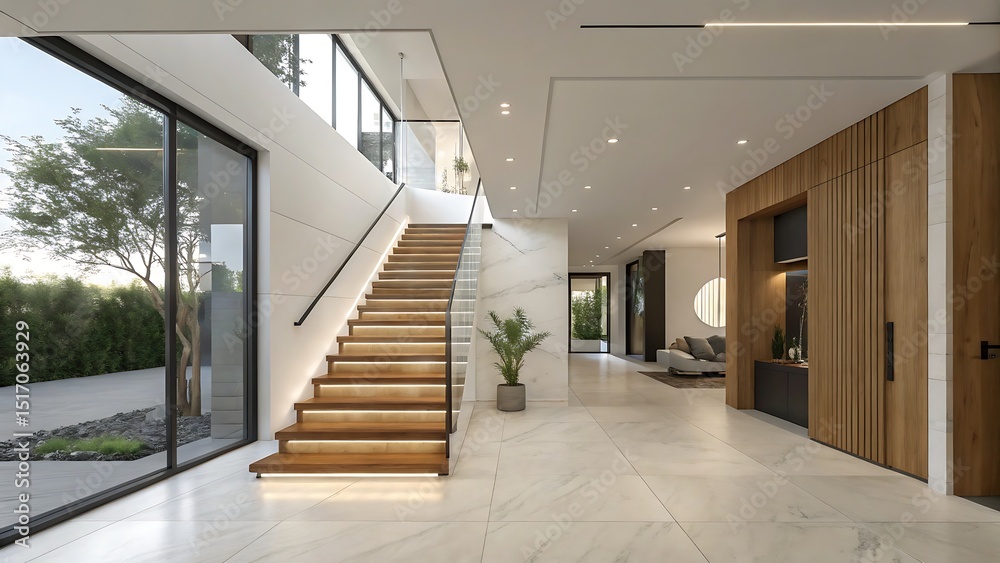 Interior of a modern house with staircase and large window to outdoors ...