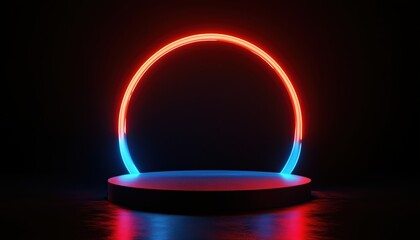 Poster - Neon Light Podium Render With Ultraviolet Glow: Stage Portal In Vibrant Red Blue Spectrum With Virtual Reality Abstract Round Arch Pedestal And Laser Show