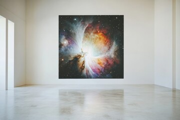 Wall Mural - A colorful nebula artwork is displayed in a bright white room, reflecting on the polished floor.
