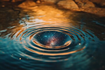 Wall Mural - A ripple in the water reveals a hidden universe of stars and galaxies beneath the surface.