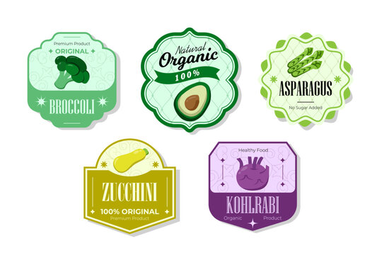 Different retro vegetables banner and labels. Packaging tags with broccoli, zucchini, kohlrabi, asparagus. Set of seasonal vegetables labels stickers and marks or badges template for packaging