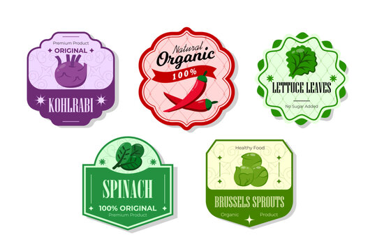 Different retro vegetables banner and labels. Packaging tags with kohlrabi, spinach, brussels sprouts, lettuce. Set of seasonal vegetables labels stickers and marks or badges template for packaging