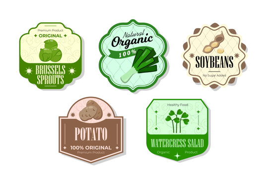 Different retro vegetables banner and labels. Packaging tags with potato, soybeans, watercress, brussels sprouts. Set of seasonal vegetables labels stickers and marks or badges template for packaging