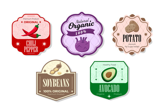 Different retro vegetables banner and labels. Packaging tags with potato, avocado, soybeans, chili. Set of seasonal vegetables labels stickers and marks or badges template for packaging