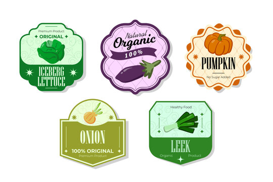 Different retro vegetables banner and labels. Packaging tags with apple. Set of seasonal vegetables labels stickers and marks or badges template for packaging