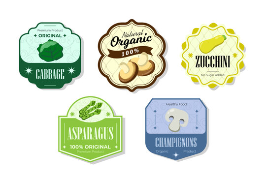 Different retro vegetables banner and labels. Packaging tags with cabbage, zucchini, asparagus, champignons. Set of seasonal vegetables labels stickers and marks or badges template for packaging