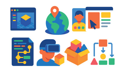 flat vector icons of metaverse design and development: 3d editor screen, world-building icon, avatar