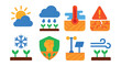 © Valentyna - Flat vector icons of weather and climate in agriculture: sun and cloud, rain on crops, temperature on field, drought alert, frost risk, climate resilience, agri-weather station, wind impact icon.