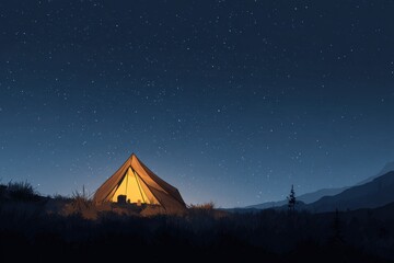 Aufkleber - Nighttime Camping Adventure Under a Starry Sky With a Glowing Tent and Serene Wilderness Backdrop