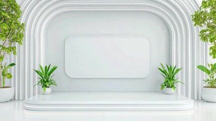 Poster - Modern Minimalist Studio Interior with White Walls and Green Plants in Elegant Pots