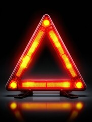 Poster - Warning Triangle With Blinking Lights Illuminating a Dark Background at Night for Roadside Safety
