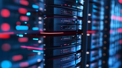 Poster - A close-up view of modern server racks illuminated with blue and red lights, showcasing advanced technology in data centers for reliable information storage and management.