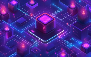 Poster - A vibrant, futuristic digital landscape featuring neon circuit patterns and glowing processors, illustrating the advanced world of technology and computing innovation.