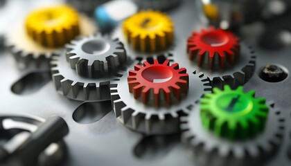 Poster - Close-up of colorful gears in a mechanical system, showcasing precision engineering and intricate design. Ideal for industry-related projects, conveying innovation and technology.