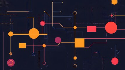 Poster - Dynamic digital abstract composition featuring colorful geometric shapes and lines on a dark background, ideal for technology, creativity, and innovative design projects.