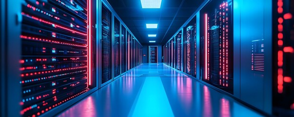 Poster - A vibrant, futuristic data center hallway illuminated by colorful LED lights, showcasing rows of powerful servers