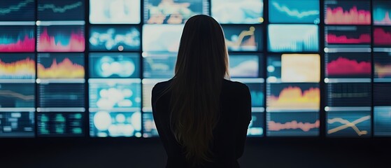 Poster - A woman gazes at a large digital display filled with colorful graphs and data visualizations, representing the fast-paced world of finance and technology in a modern office environ