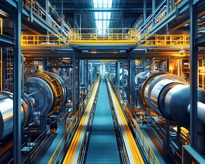 Poster - A detailed view of a modern industrial facility showcasing advanced machinery and intricate piping systems, emphasizing the complexity and innovation in manufacturing processes.
