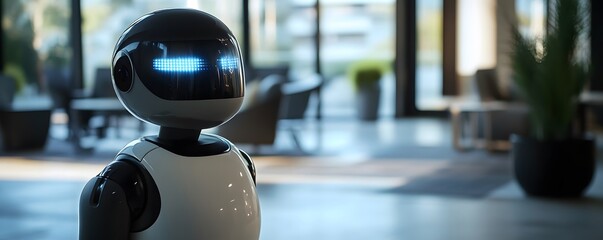 Poster - A futuristic robotic assistant stands in a modern, well-lit environment, showcasing advanced design and artificial intelligence, representing innovation and the future of technolog