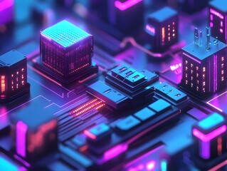Poster - A vibrant close-up of a digital cityscape, showcasing intricate circuit designs and glowing lights, symbolizing the intersection of technology and modern urban life.