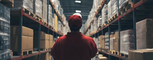 Poster - A warehouse worker observes the organized rows of boxes in a modern storage facility, showcasing efficient logistics and inventory management in action.